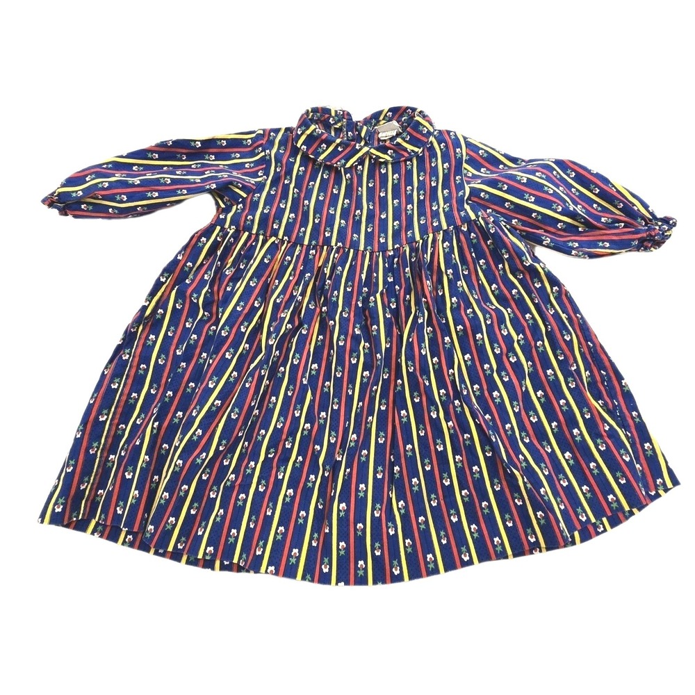 60s/70s VTG Fawn Togs Dress Toddler‎ Girls 2T Blue Striped Long Sleeve Ruffle
